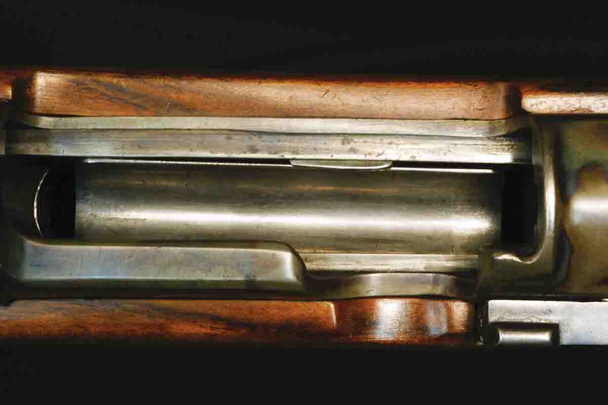 A military Mauser 98 converted to .500 Jeffery by the German firm of August Schüler. The extended box magazine holds two rounds, in line. The .500 Jeffery cartridge is the largest round that can be accommodated by the standard 98 action.